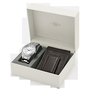 Mens Fossil Gift Set: White Watch & Billfold