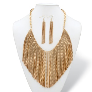 PalmBeach Jewelry Mesh Fringe Two-Piece Bib Necklace and Drop Earrings Set with Rolo-Link Chain in Gold Tone