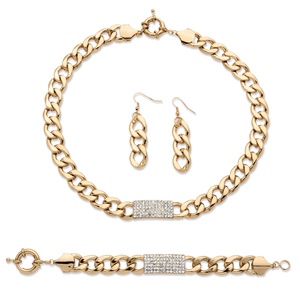 PalmBeach Jewelry 3 Piece Curb-Link Crystal I.D. Necklace Bracelet And Drop Earrings Set in Yellow Gold Tone