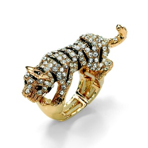 PalmBeach Jewelry Black and White Crystal Tiger Stretch Ring in Yellow Gold Tone
