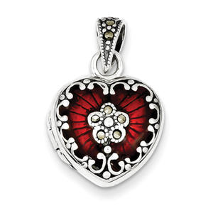 Sterling Silver Red Enamel and Marcasite Heart Locket - 5/8" X 3/4"