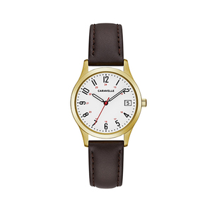 Ladies Numeral Gold Case Brown Leather Strap Watch White Dial