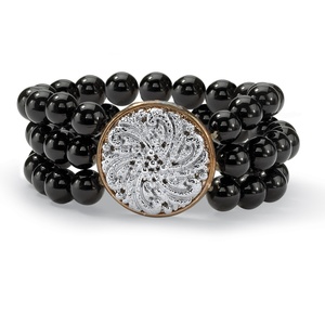 PalmBeach Jewelry Genuine Black Onyx Silvertone Triple-Strand Floral-Motif Bracelet 9"