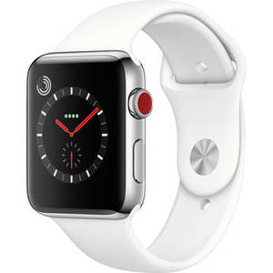 Watch Series 3 42mm Smartwatch (GPS + Cellular, Stainless Steel Case, Soft White Sport Band)