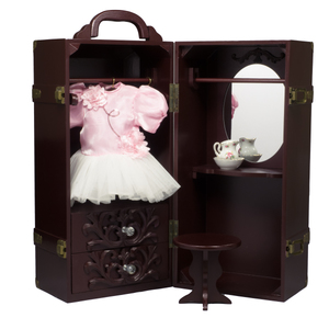 The Queen's Treasures 18" Doll & Clothes Storage Case Furniture for American Girl   Wooden Doll Trunk  vanity  stool  hangers