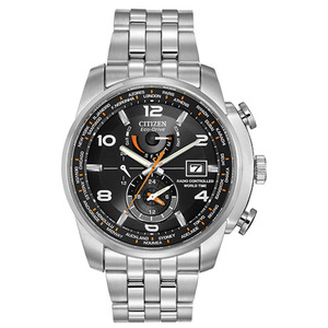 Mens World Time A-T Eco-Drive SSteel Watch Black Dial