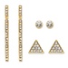 PalmBeach Jewelry Triangle, Linear and Round White Crystal 3-Pair Gold Tone Cluster Stud and Drop Earrings Set 1.75"