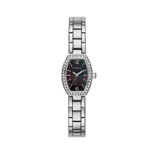 Ladies Silver-Tone Crystal Bracelet Watch Black Mother-of-Pearl Dial