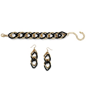 PalmBeach Jewelry Gold Tone Black Ruthenium-Finish 2-Piece Curb-Link Bracelet 8" and Drop Earrings Set