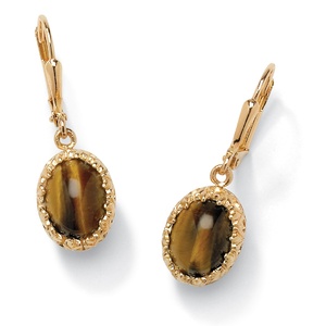 PalmBeach Jewelry Oval-Shaped Genuine Tiger's Eye Cabochon 14k Yellow Gold-Plated Drop Earrings