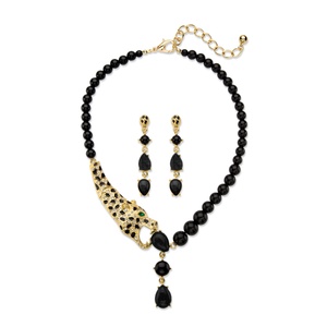 PalmBeach Jewelry Genuine Black Onyx and Crystal 2-Piece Beaded Leopard Necklace and Drop Earrings Set in Gold Tone 18"-22"