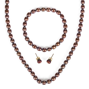Brown Color Pearl Necklace, Bracelet + Earring Set