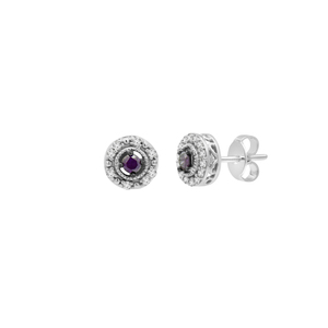 Sterling Silver 1/4Ctw Purple/White Framed Mg Round Button Earrings