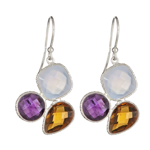 Ladies Sterling Silver Genuine Cognac Quartz Cape Amethyst and Blue Chalcedony Gemstone Dangle Earrings