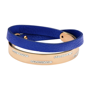 Inox Jewelry Women's Blue Leather & Rose Gold Ion Plated White Crystal Bracelet