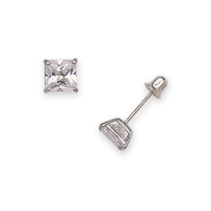 14k White Gold 5mm Square Princess Cubic Zirconia Screwback Earrings