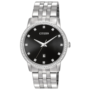 Mens Quartz Stainless Steel Diamond Watch Black Dial