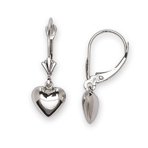 14k White Gold Heart Drop Leverback Earrings - Measures 23x8mm