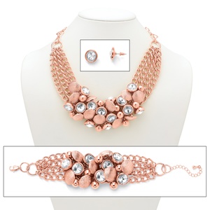 PalmBeach Jewelry Bezel-Set Crystal Rose Gold-Plated Collar Necklace Bracelet and Stud Earrings Set