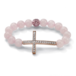 PalmBeach Jewelry Round Genuine Rose Quartz Crystal Accent Rosetone Horizontal Cross Stretch Bracelet 8"
