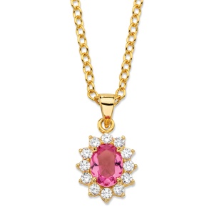 PalmBeach Jewelry .57 TCW Tourmaline Pink Crystal and Cubic Zirconia Halo Pendant Necklace MADE WITH SWAROVSKI ELEMENTS 14k Gold-Plated 18"-20"