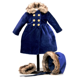 The Queen's Treasures 18 Inch Doll Clothes Outfit, Blue Velvet 1800's Style Winter Fur Trimmed Coat, Hat, & Faux Fur Muff