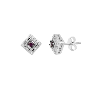 Sterling Silver 1/4Ctw Purple/White Framed Square Button Earrings