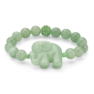 PalmBeach Jewelry Green Jade Elephant and Crystal Beaded Stretch Bracelet 8”