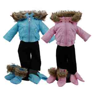 The Queen's Treasures Set of Two Complete Bitty 15 Inch Baby Doll Twin Pink & Blue Winter Clothes. Two 6 piece Outdoor Ski Outfits