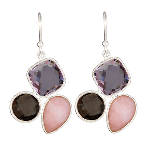 Ladies Sterling Silver Genuine Pink Opal Smokey Quartz and Pink Amethyst Gemstone Dangle Earrings