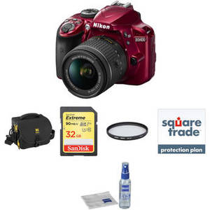 D3400 DSLR Camera with 18-55mm Lens Deluxe Kit (Red)